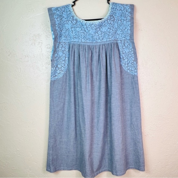 MI GOLODRINA FLORES SHIFT DRESS EMBROIDERED CHAMBRAY DENIM SIZE LARGE - Picture 2 of 8